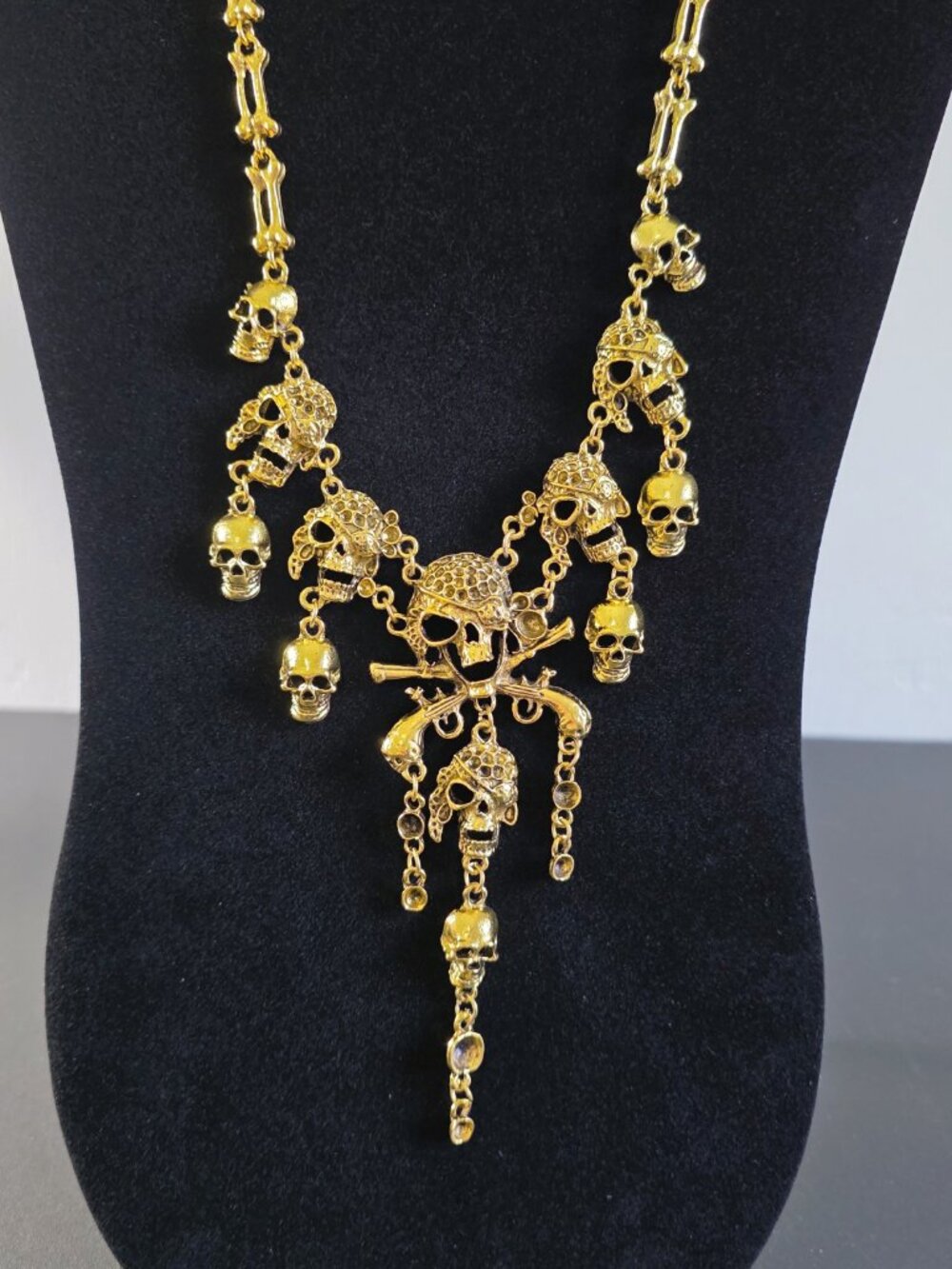 Gold Tone Pirate Skull Statement Necklace Bones Chain